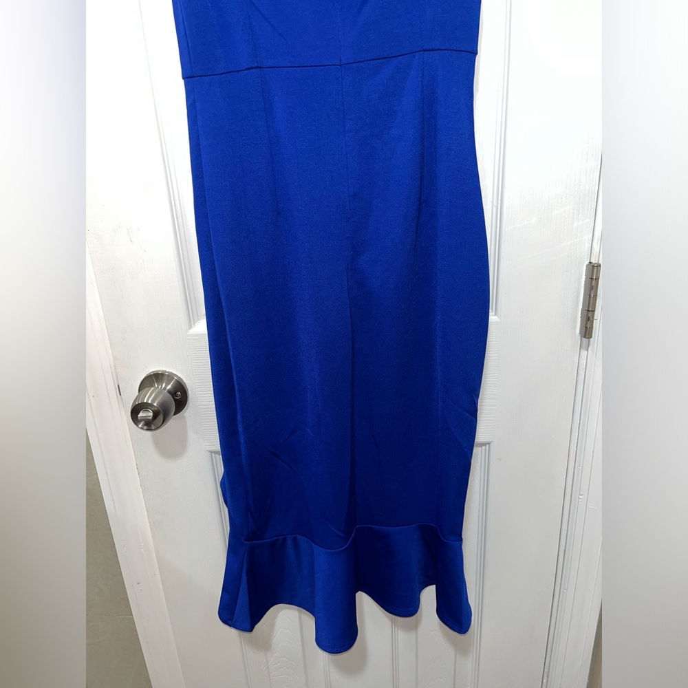 SHEIN BAE Bardot Split Thigh Ruffle Hem Bodycon Dress, Blue, Size Small - Picture 9 of 10